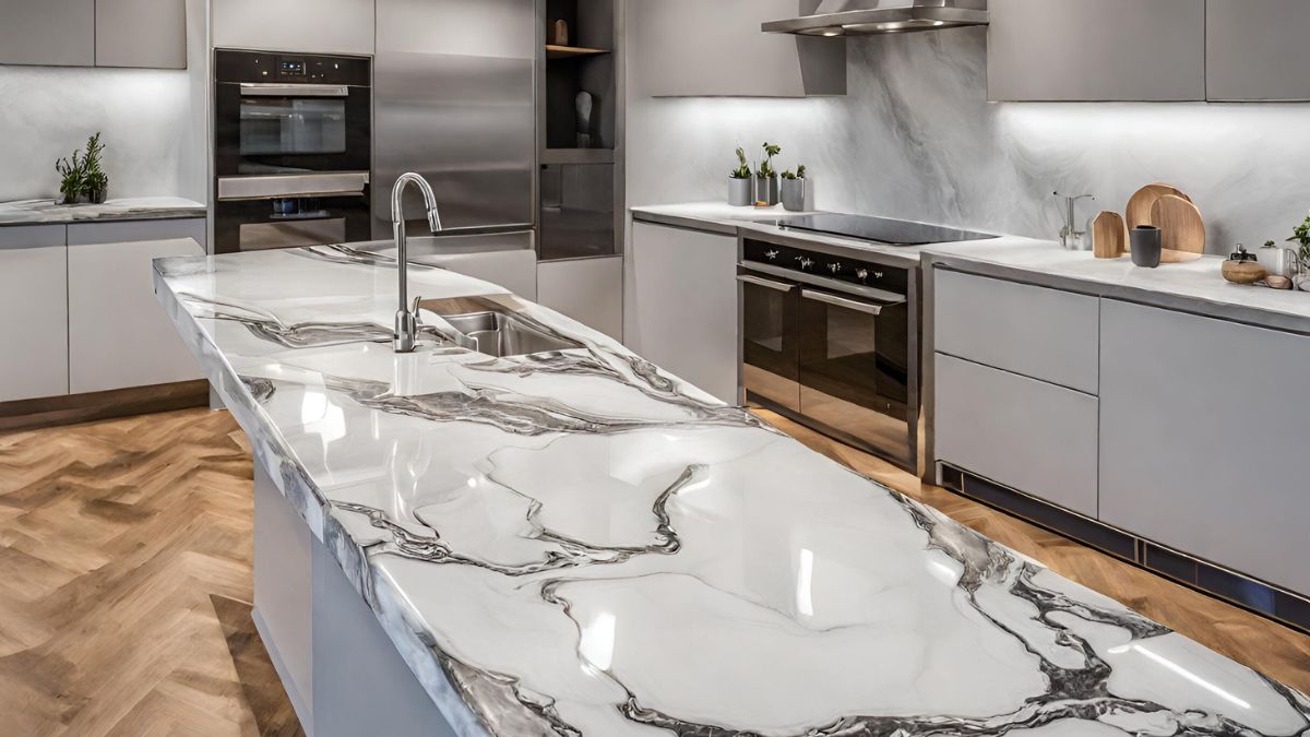 A kitchen countertop with a marble effect created using epoxy resin.