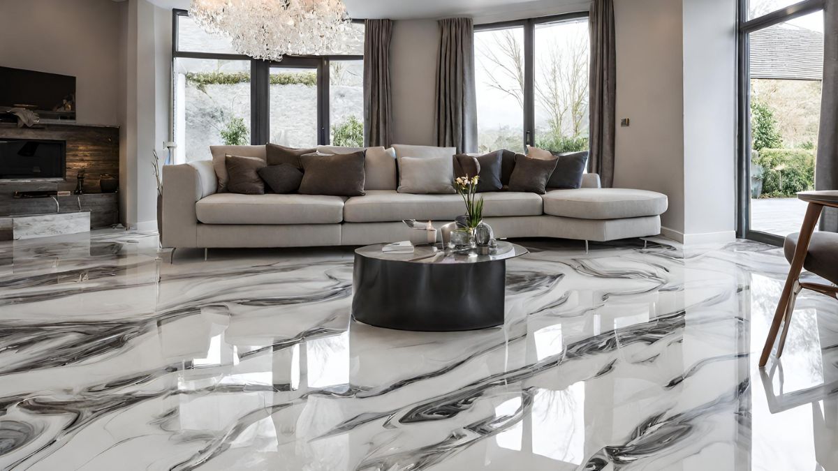 A living room in Swansea with a marble effect epoxy resin floor