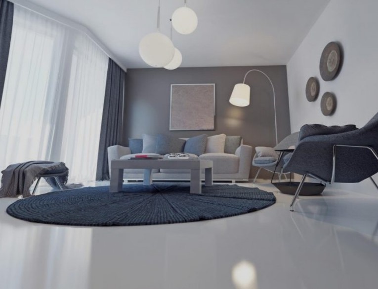 A living room in Swansea with a polished concrete floor